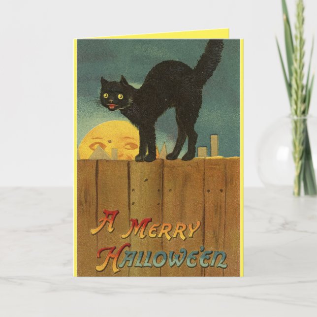 Tarjeta Halloween del gato negro vintage (Anverso)