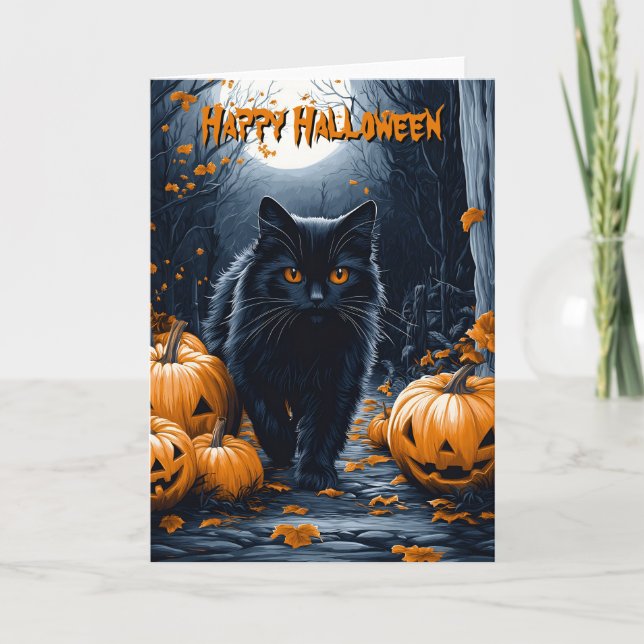 Tarjeta Halloween Del Gato Negro Y El Bosque De Calabaza (Anverso)