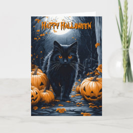 Tarjeta Halloween Del Gato Negro Y El Bosque De Calabaza