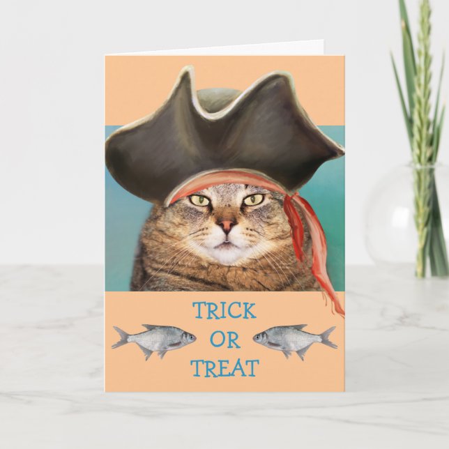 Tarjeta Halloween Del Pirata De Gatos Y Peces (Anverso)