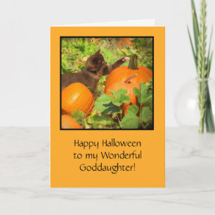 Tarjeta Halloween diosa con gatitos y calabazas