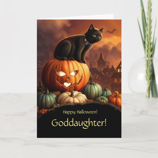 Tarjeta Halloween diosa con gato y calabazas (Anverso)