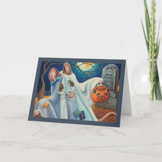 Tarjeta Halloween Disfraces Ghost Mouse Watercolor Art (Anverso)