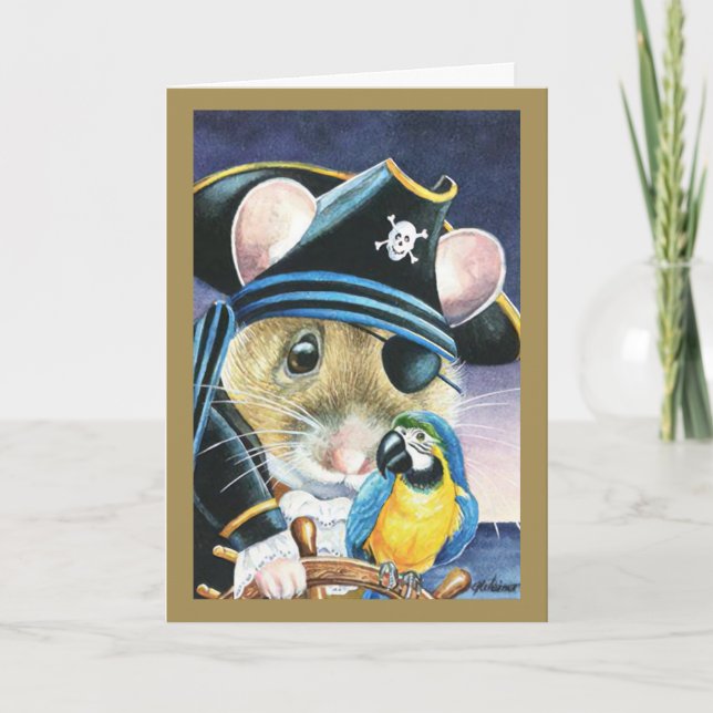 Tarjeta Halloween Disfraces Pirata Mouse Watercolor Art (Anverso)