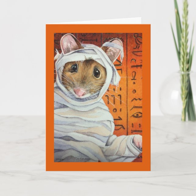 Tarjeta Halloween Disstume Mummy Mouse Watercolor Art (Anverso)