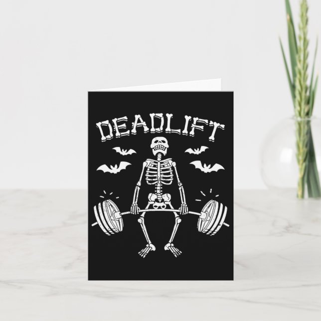 Tarjeta Halloween divertida dice Skeleton Barbell Gym Work (Anverso)