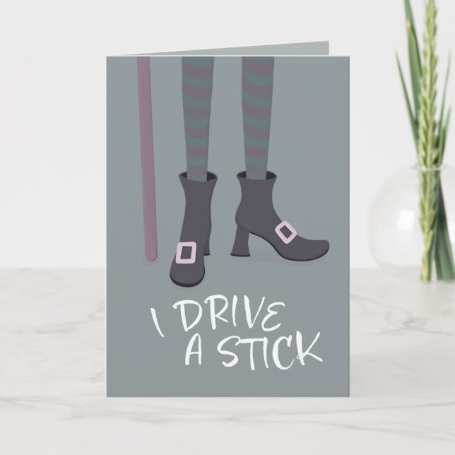 Tarjeta Halloween divertido de la escoba de la jugada del  (Anverso)