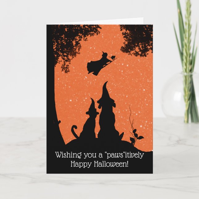 Tarjeta Halloween divertido y lindo perro y gato (Anverso)