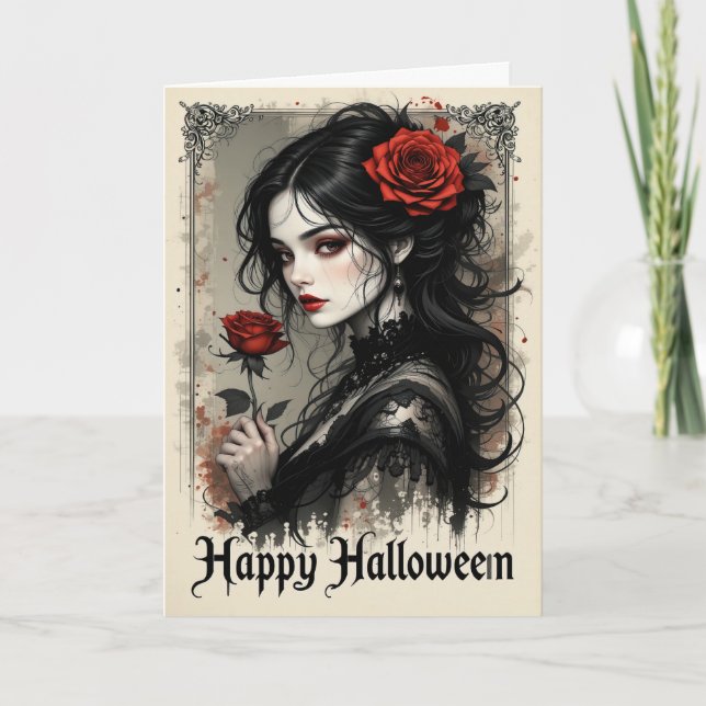 Tarjeta Halloween elegante de la mujer del vampiro rosa ro (Anverso)
