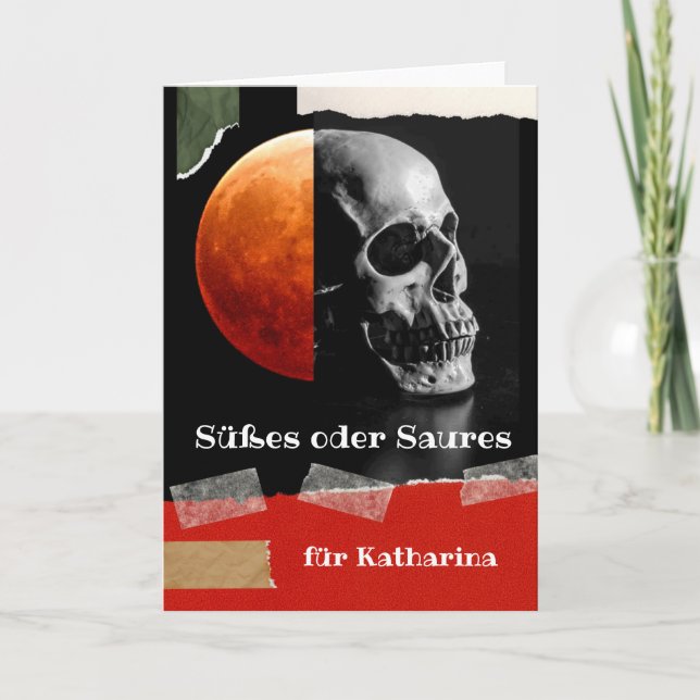 Tarjeta Halloween en alemán dulce o amargo con cráneo (Anverso)