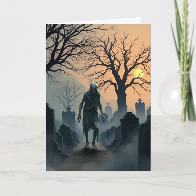Tarjeta Halloween en el cementerio zombi (Anverso)