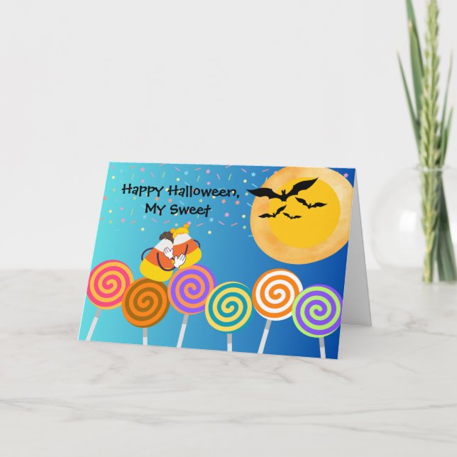 Tarjeta Halloween encantadora con pareja de maíz dulce (Anverso)