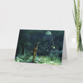 Tarjeta Halloween espeluznante Grim Reaper y casa embrujad
