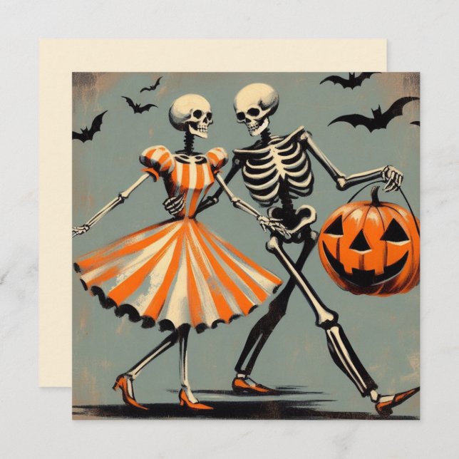 Tarjeta Halloween Esqueletos y Jack O'Lantern Vintage (Anverso / Reverso)