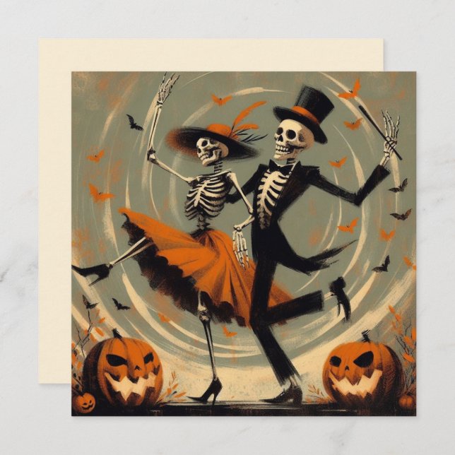 Tarjeta Halloween Esqueletos y Jack O'Lantern Vintage (Anverso / Reverso)