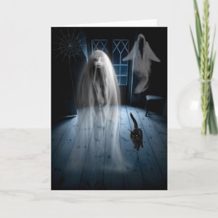 Tarjeta Halloween fantasmal de la casa