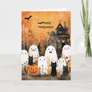 Tarjeta Halloween fantasmas, gatos negros y murciélagos,
