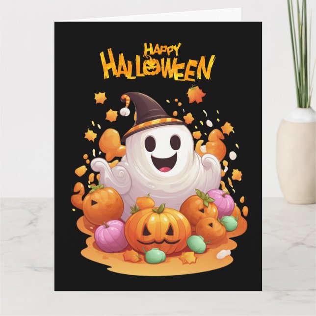 Tarjeta Halloween: Fantasmas y familia de calabazas (Anverso)