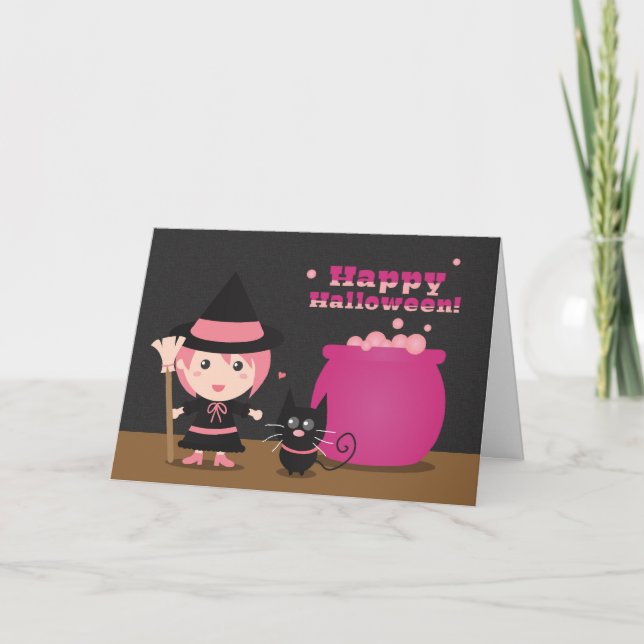 Tarjeta Halloween feliz, bruja rosa suave y gato negro (Anverso)