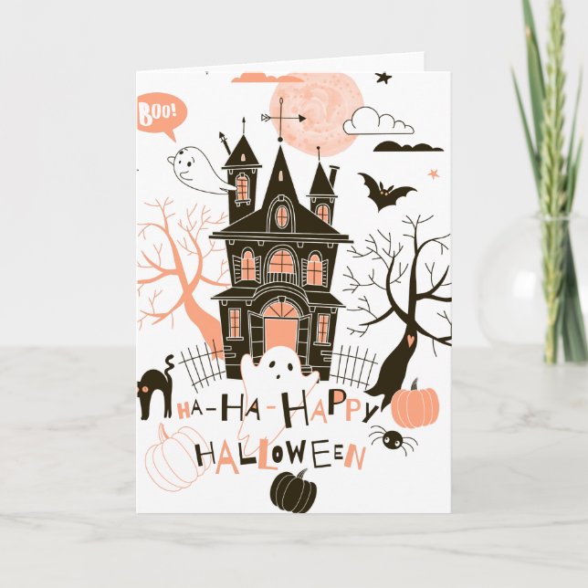 Tarjeta Halloween feliz casa embrujada (Anverso)