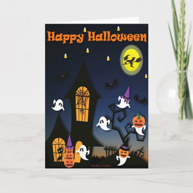 Tarjeta Halloween feliz casa embrujada (Anverso)