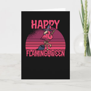 Tarjeta Halloween Flamingoween Flamingo Witch Broom Retro