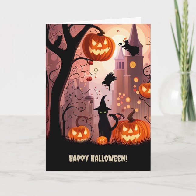 Tarjeta Halloween Fun Black Cat Jack O Lantern Super Cute (Anverso)