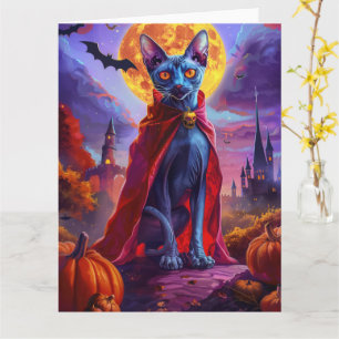 Tarjeta Halloween Gato Azul Oriental Vampiro Calabazas Esp
