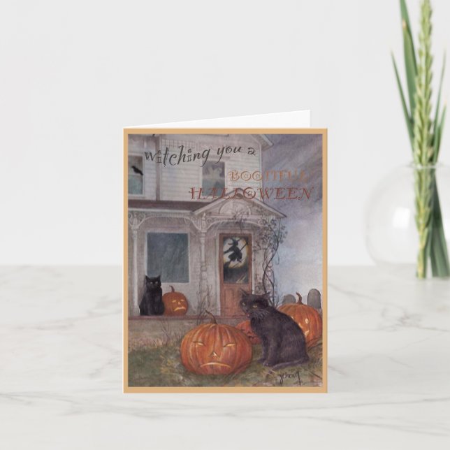 Tarjeta HALLOWEEN GATO NEGRO Y casa embrujada (Anverso)