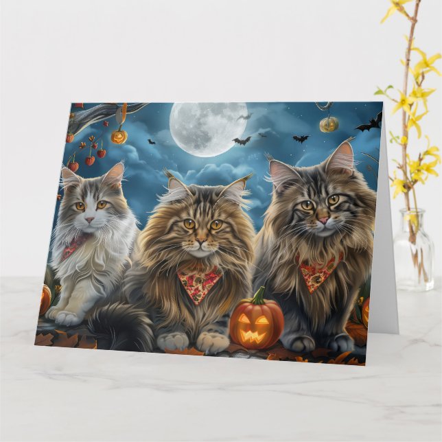 Tarjeta Halloween gato siberiano espeluznante (flor amarilla)