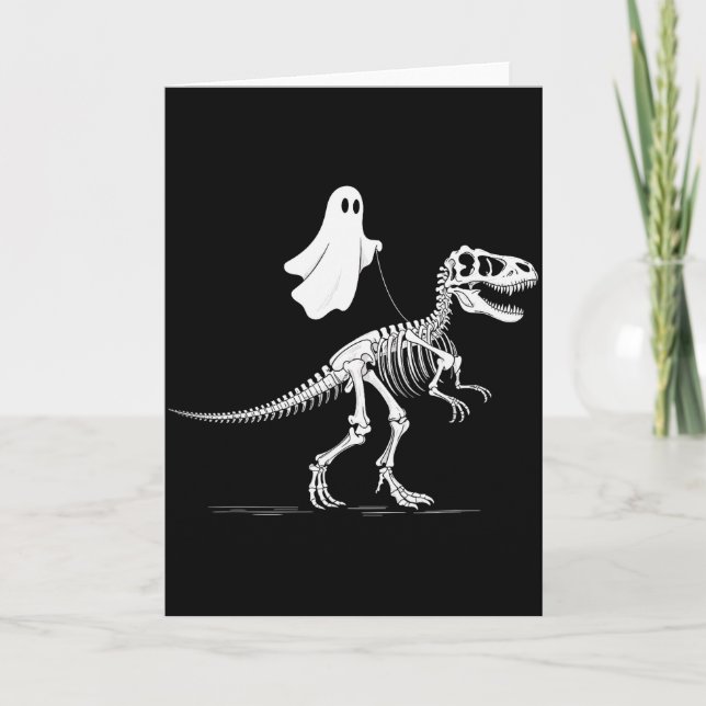 Tarjeta Halloween Ghost Walking Dinosaur Skeleton T Rex Fu (Anverso)
