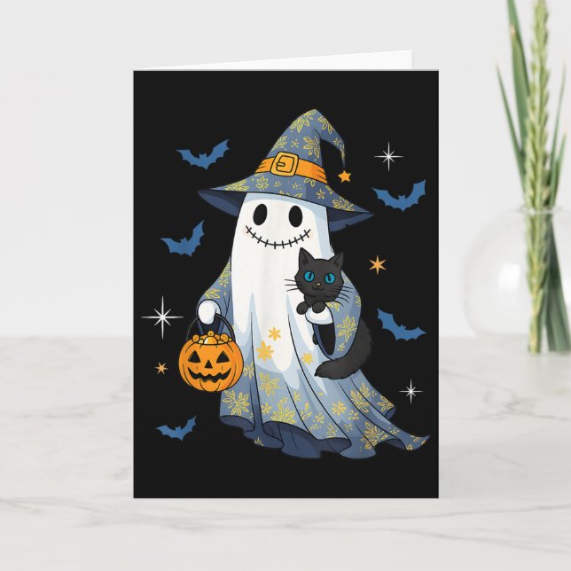 Tarjeta Halloween Ghost Witch Holding Black Cat Funny Hall (Anverso)