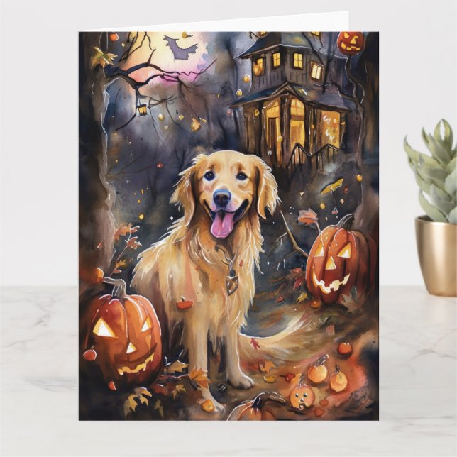 Tarjeta Halloween Golden Retriever con calabazas aterrador (Planta pequeña)