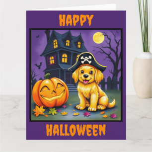 Tarjeta Halloween Golden Retriever Puppy en la casa embruj