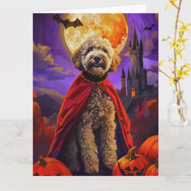Tarjeta Halloween Goldendoodle Vampis Pumpkins Scary (flor amarilla)