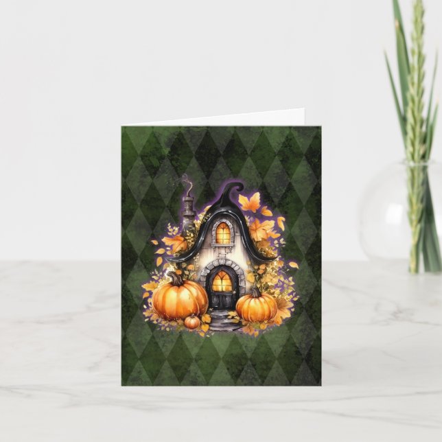 Tarjeta Halloween Gothic Fall Hada Cottage Green Argyle (Anverso)