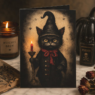 Tarjeta Halloween Gótico Mágico Gato Negro Vintage