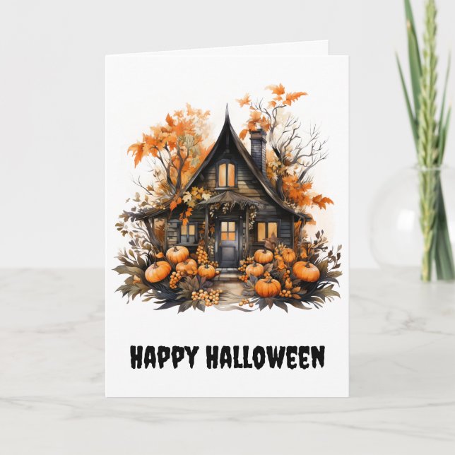 Tarjeta Halloween Haunted House con calabazas y follaje (Anverso)