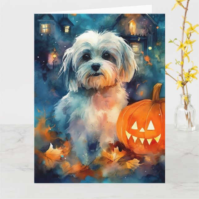 Tarjeta Halloween Havanese con calabazas aterradoras (flor amarilla)