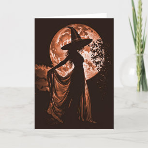 Tarjeta Halloween Hermosa bruja silueta en Naranja