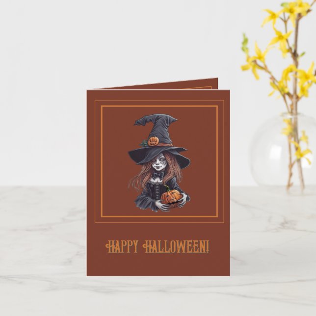 Tarjeta Halloween-Hexe mit Kürbis -  (flor amarilla)