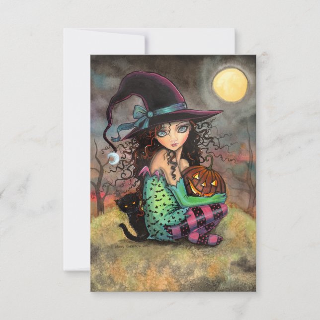 Tarjeta Halloween Hill Witch and Cat Art (Anverso)