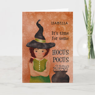 Tarjeta Halloween Hocus Chica de foco personalizado