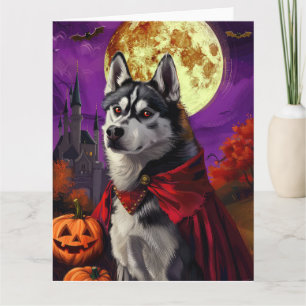Tarjeta Halloween Husky Siberiano Calabazas de vampiro Esp