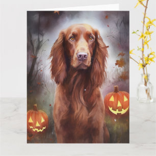 Tarjeta Halloween Irish Red Setter con calabazas espeluzna