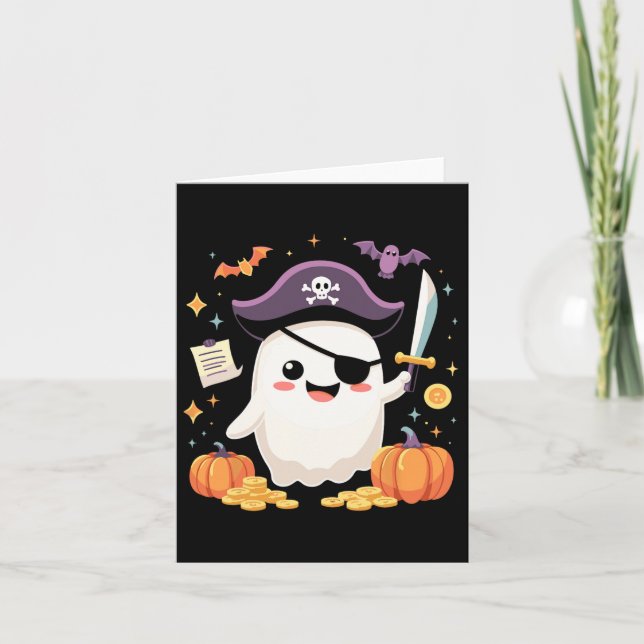 Tarjeta Halloween Kawaii Ghost Vestido Como Pirata Para Sp (Anverso)