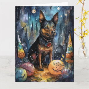 Tarjeta Halloween Kelpie Australiano Con Calabazas Espeluz