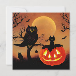 Tarjeta Halloween Kürbis, Eule und Katze bei Nacht.