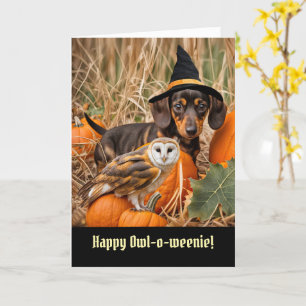 Tarjeta Halloween Lechuza linda y divertida y cachorro de 