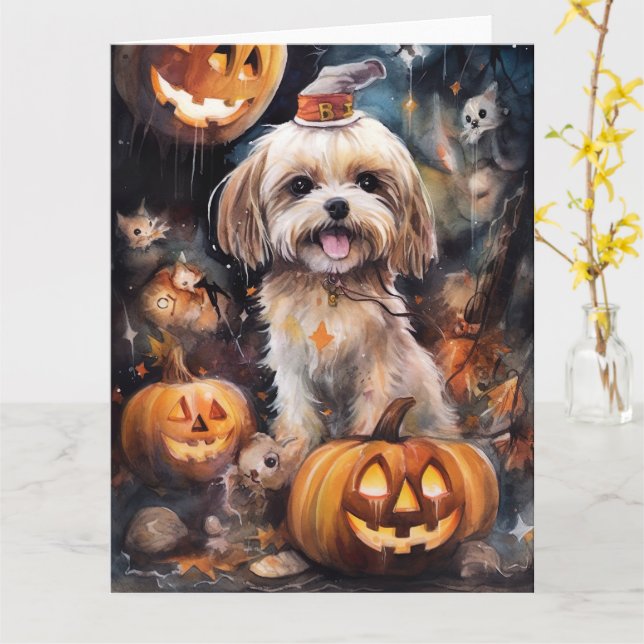 Tarjeta Halloween Lhasa Apso Con Calabazas Temerosas (flor amarilla)